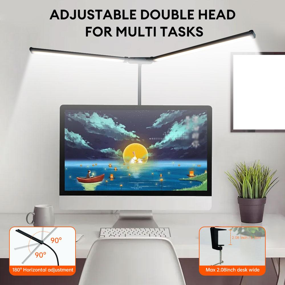 Double Head LED Clip Desk Lamp Touch Button Bedroom Bedside Table Lamp for Home Office Reading Light 3 Color Adjustable