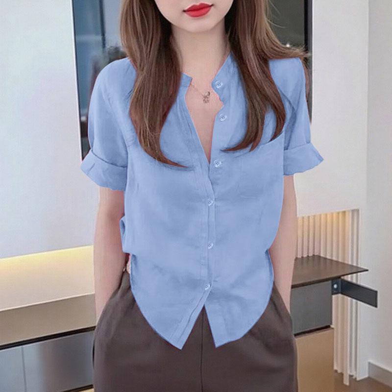 

ZANZEA Женская летняя повседневная блузка с коротким рукавом и воротником-стойкой 5XL синий