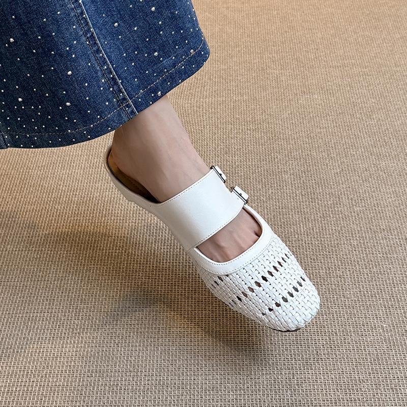 Square head woven hollow outer wear slippers inner height increase belt buckle bag head sandals thick heel fashion sandals women's summer