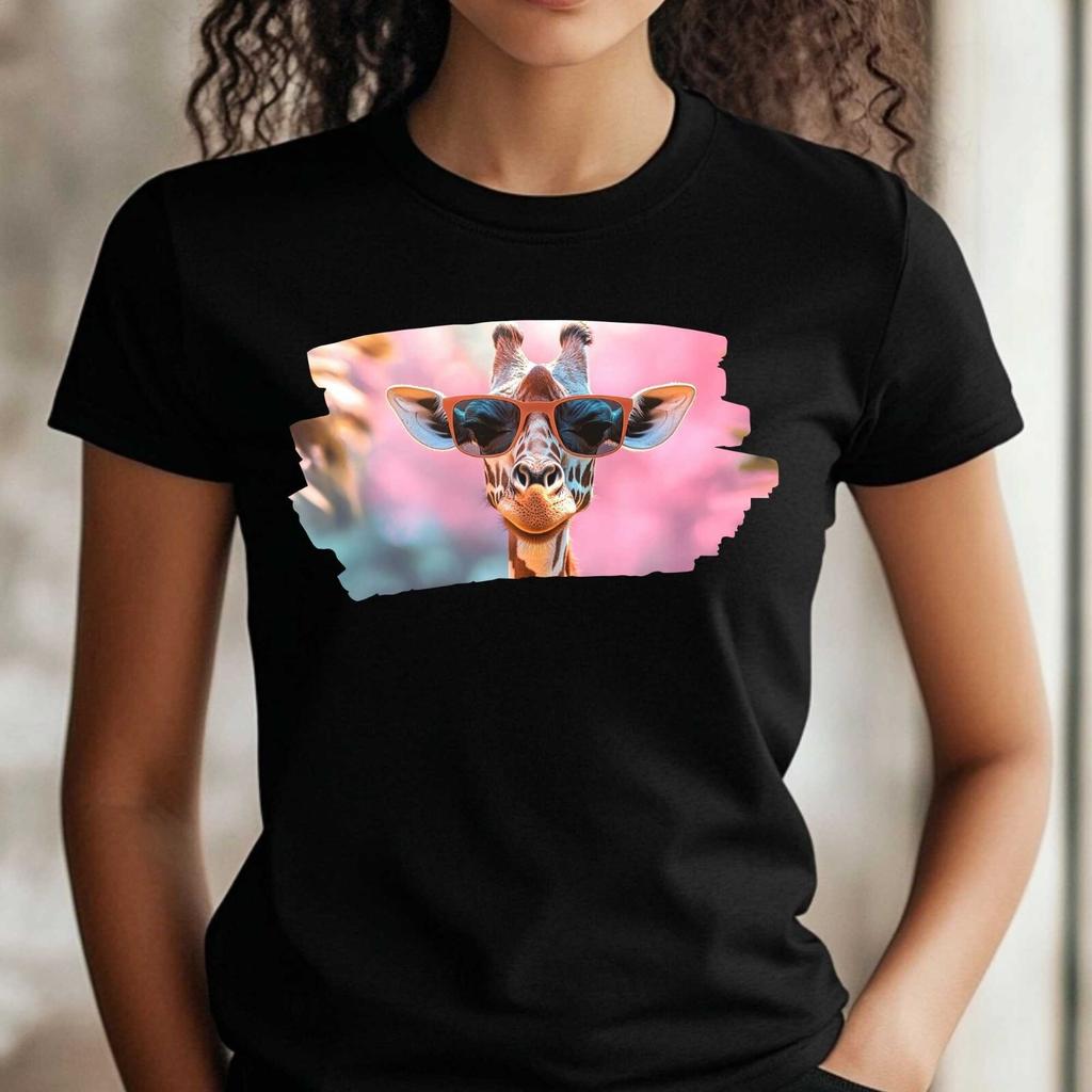 T-Shirt Frauen Giraffe mit Sonnenbrille Motiv Baumwolle Größe XS bis 3XLWird in neuem Fenster oder Tab geöffnet