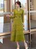 Elegant Spring High-End Miyake Pleated Green Long Dress - Waist-Cinched for Graceful Women