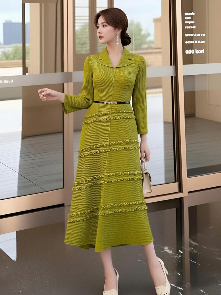 Elegant Spring High-End Miyake Pleated Green Long Dress - Waist-Cinched for Graceful Women