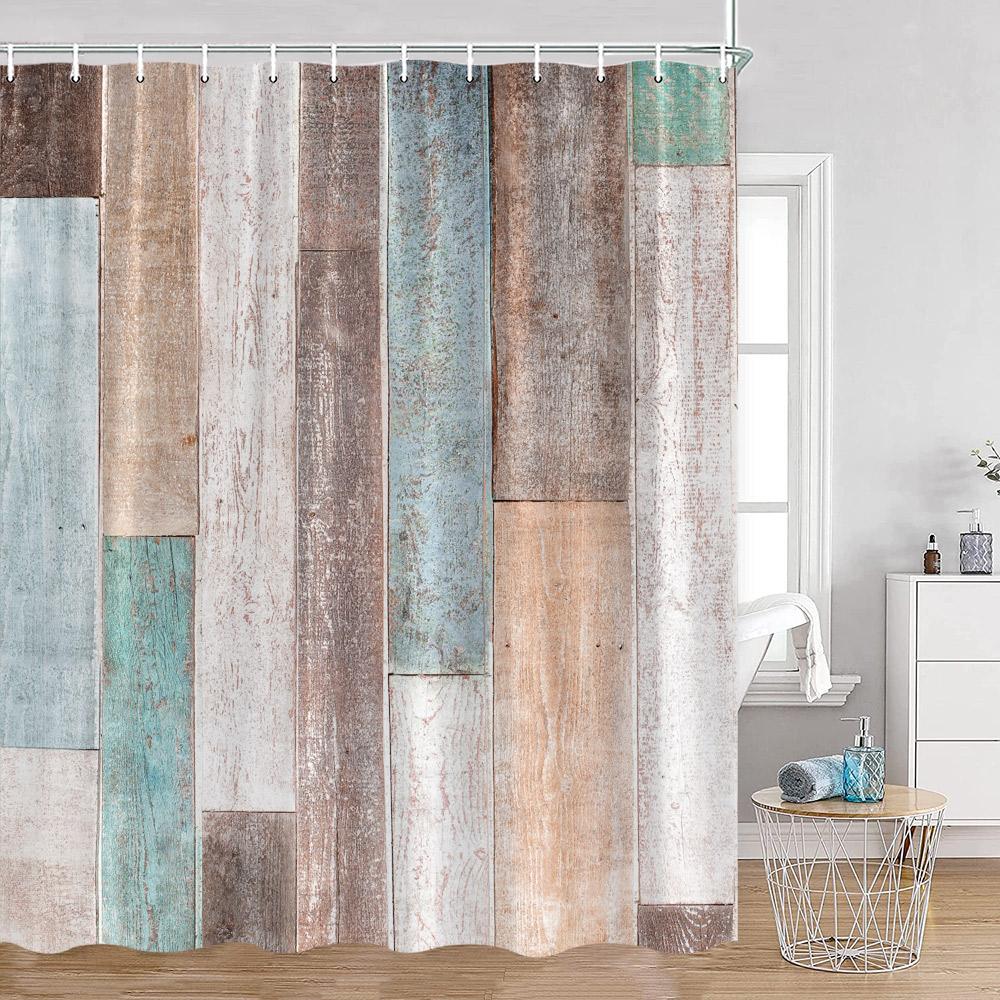 Countryside Wooden Board Shower Curtain Brick Wall Farmhouse Farm Bathroom Curtains Wooden Planks Art Pattern Bath Curtain Decor