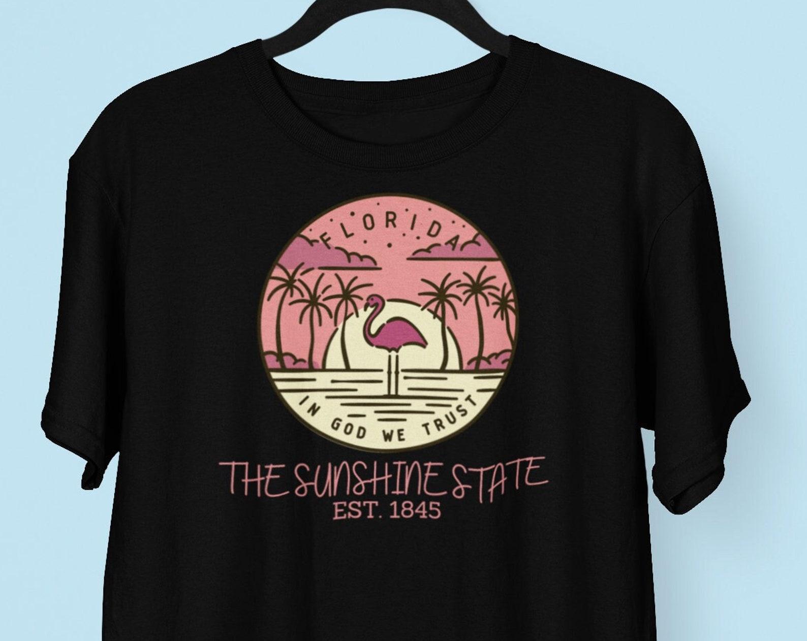 Florida The Sunshine State T shirt, Florida State Motto Quarter Flamingo Palm Trees Vacation Travel Logo Shirt 3XL