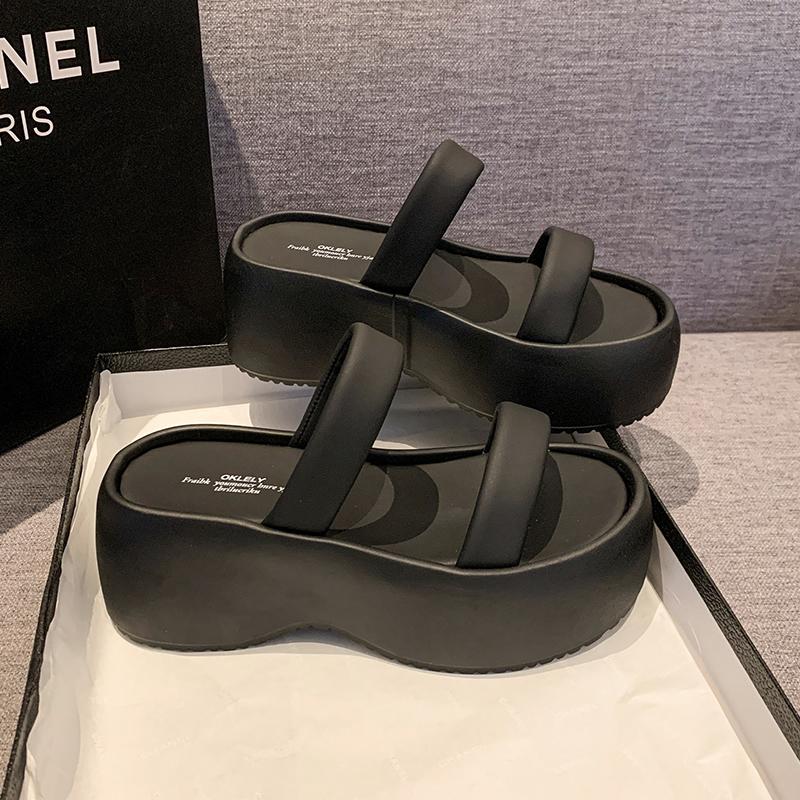 

Массивные тапочки для женщин Летние тапочки Носить Мода 2025 Новые Сандалии на платформе Повседневные Шлепанцы-маффины Пляжная обувь для женщин 40 чёрный