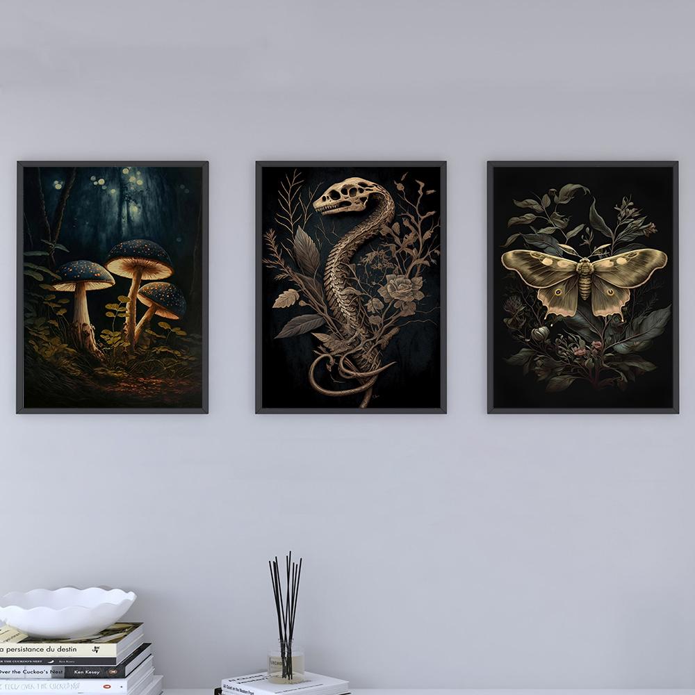 Vintage Fjäril Mal Svamp Konsttryck Insektscen Canvas Målning Poster Mörka Bilder Vardagsrum Hem Väggdekor Cuadros