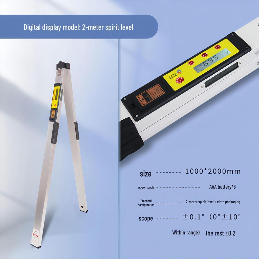 2m Aluminum Alloy Digital Spirit Level - High Precision, Thickened Design for Decoration & House Inspection