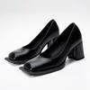 Fashion Luxury Designer Women's Pumps Sexy Square Toe Chunky Heel High Heels Black Soft Leather Elegant Evening Dress Shoes for Women