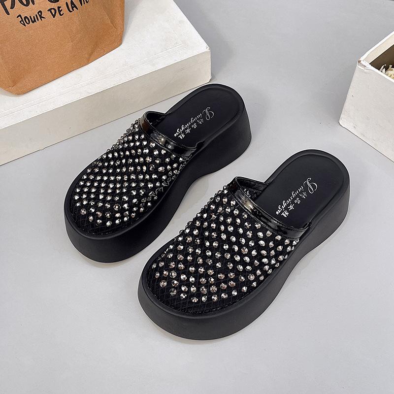 Baotou mesh breathable word with muffin bottom women's outer slippers solid color waterproof table square head casual Korean version sandals