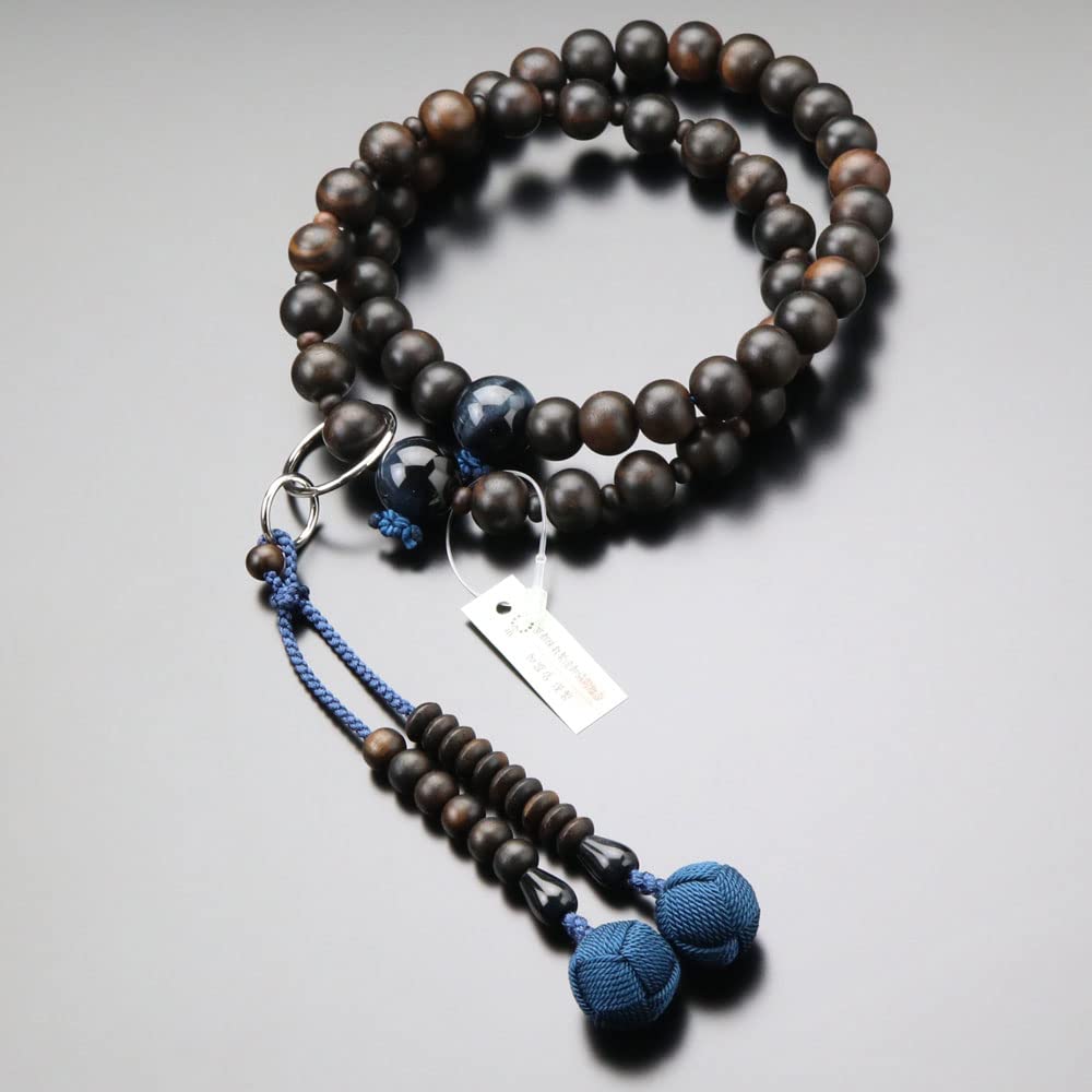 Jodo Sect Prayer Beads for Men Jodo Striped Ebony Blue Tiger Eye Stone Genuine Silver Ring Sanskrit Tenbo Prayer Beads Kyoto Prayer Beads Kyoto Blue