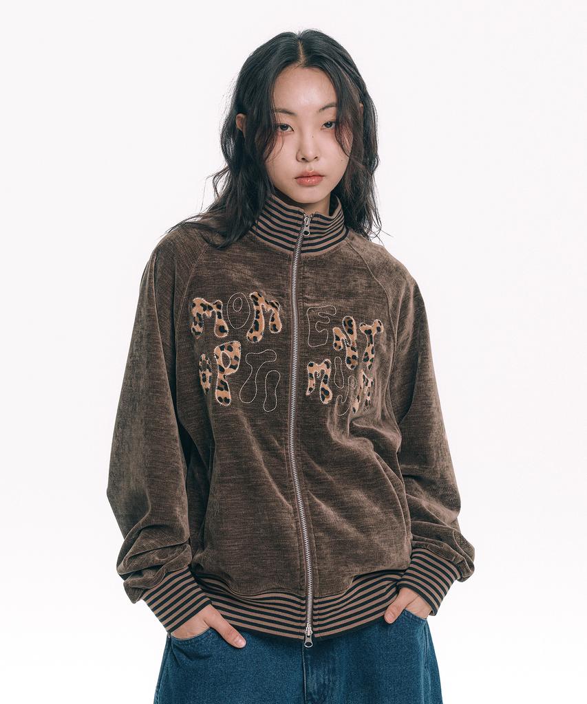 Moo Leopard Applique Velour Track Zip-Up - Brown
