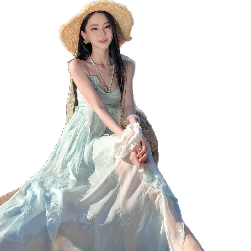 Seaside Photo Suspender Dress Women's Vacation Temperament Long Dress Hanging Neck Lotus Leaf Edge Mint Green Suspender Skirt