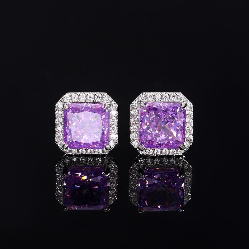 Jewelry High Carbon Diamond Ice Flower Cut Copper Inlaid Square Diamond Stud Earrings Main Stone 8 * 8