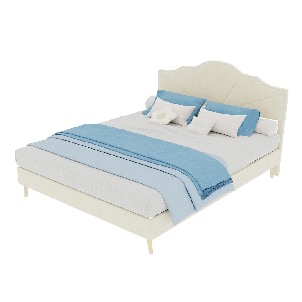 Modern minimalist soft bed, comfortable headboard, 140*200CM, beige, low box bed frame does not include gas rod, include 140*200cm mattress.