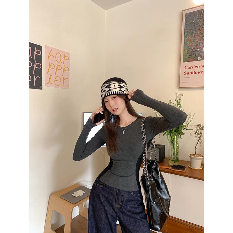 American Contrasting Color Brushed Plus Velvet Long-sleeved Bottoming Shirt, Autumn and Winter New Model, Slim Fit Hot Girl Elastic Top