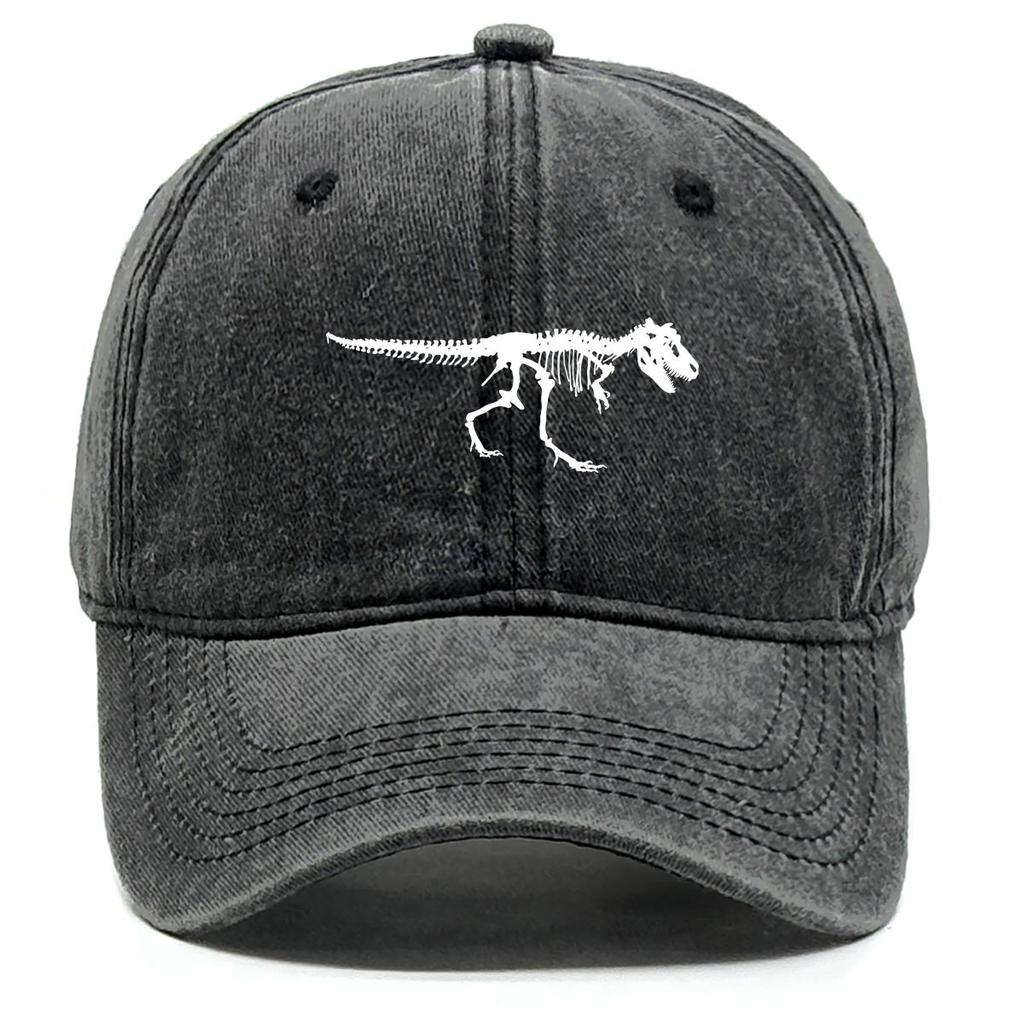 Skeleton Dinosaur Print Snapback Sun Hat, Animal Sports Hat Sun Protective Curved Brim Retro Solid Adjustable Baseball Cap