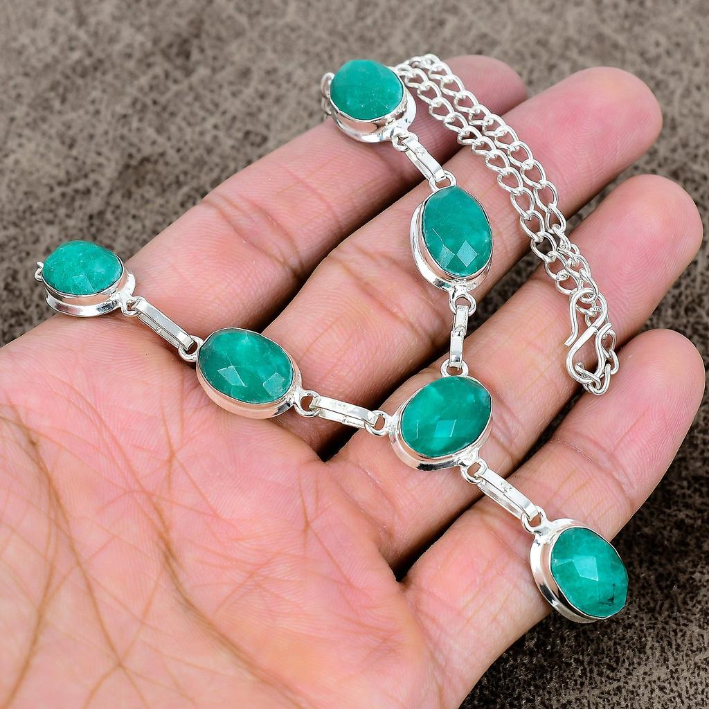 Green Jade Gemstone Handmade 925 Sterling Silver Jewelry Necklace 18" KKG-401