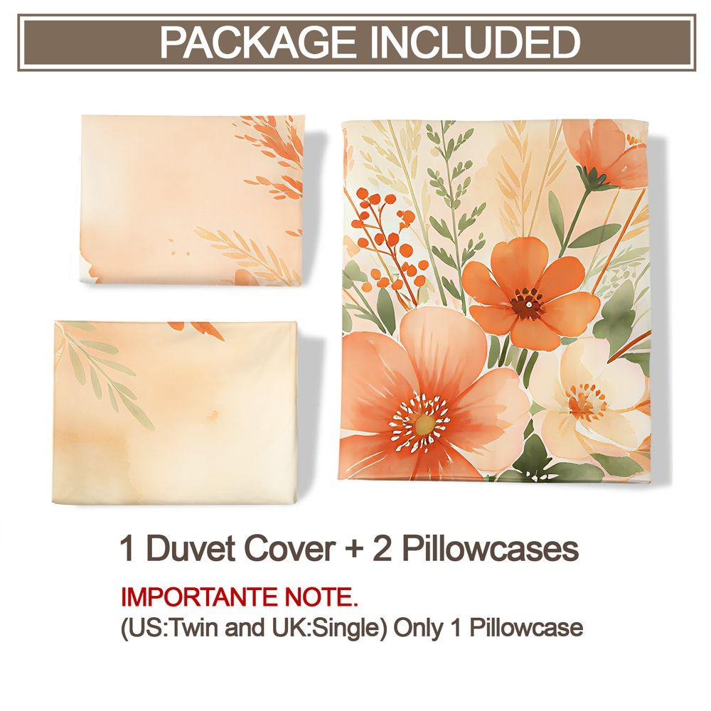Boho Peach Floral Watercolor Duvet Cover Set Comforter Cover Bedding Set No Filler, Soft Farmhouse Women Bedroom Bed Decor