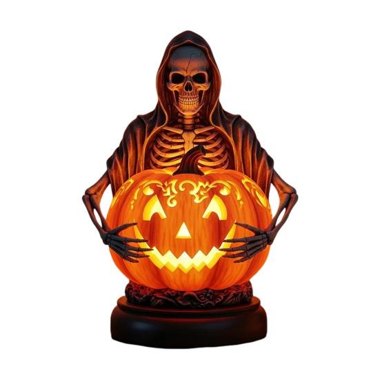 Pumpkin Night Light Halloween Horror Skeleton Ghost Witch Pumpkin Lantern Resin LED Tabletop Lamp for Gothic Room Desk Decorr