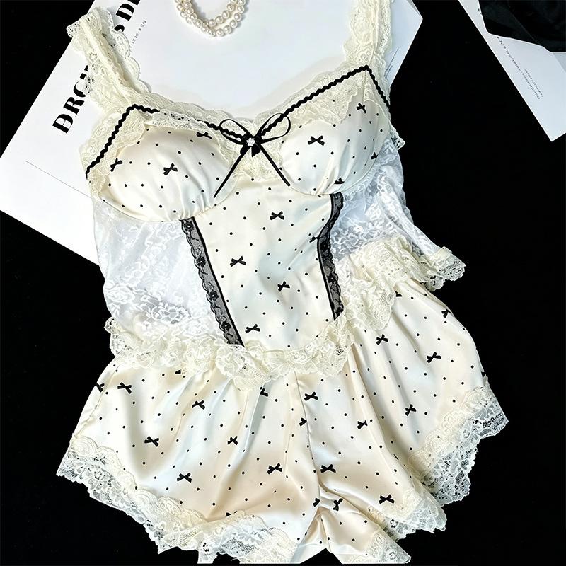 French sweet bow polka dot suspender skirt lace lace sweet cute slim slim skirt loungewear