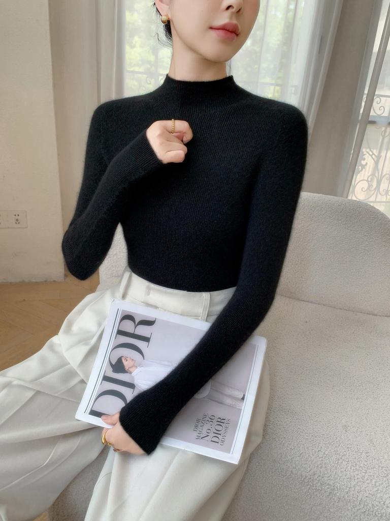 Women's Slim-Fit Cashmere Knit Top - Fashionable Half-High Neck, Casual Versatile Sweater