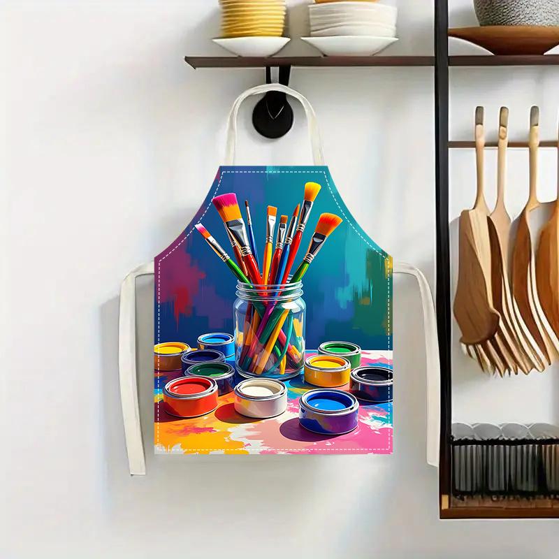 1pc 2D Flat Paint Brushes and Jars Apron Linen Art Kitchen Baking Cooking Colorful Design Adjustable Neck Strap Home Use