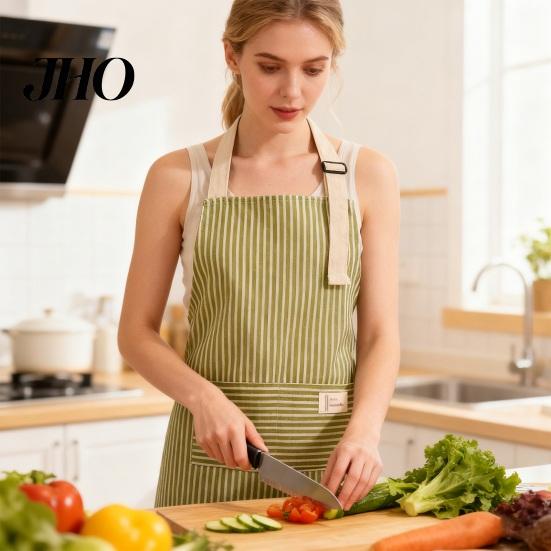 Waterproof Kitchen Apron Cotton Linen Striped with Pocket Breathable Oil-proof Pockets Adjustable Men Women Chef Cooking Baking Sleeveless Bib