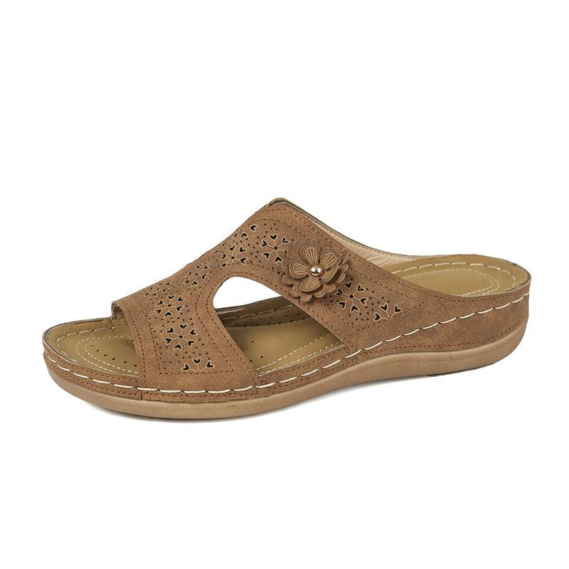 2025 Summer New European and American Flower Sewing Thread Solid Color Light Mouth Round Head Casual Fashion Women's Shoes Slope Heel Cool Slippers