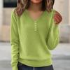 Women's Fashion V-Neck Button-Front Long-Sleeved Knit Top Solid Colour Loose-Fit Blouse