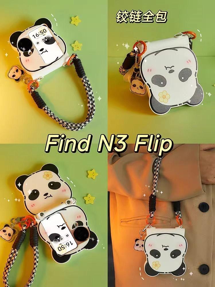 Cute Flip Case For Samsung Z flip6 Zflip5 Zflip5 4 3/OPPOFind N3 N2Flip Phone Case Fashion 3D Panda Ears Creative Design Kawai Leather Cover Crossbody