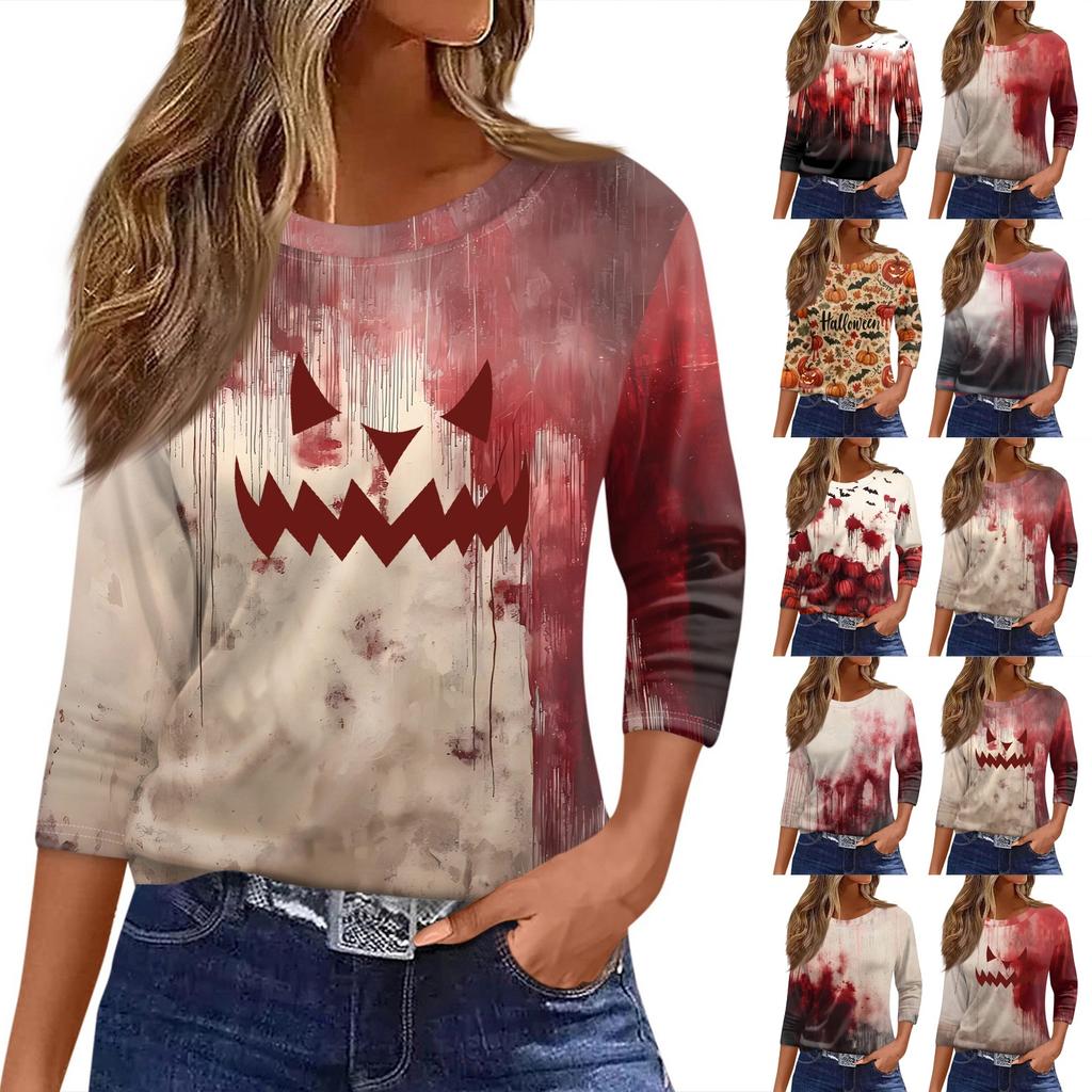Women's T Shirt Halloween Print 3/4 Sleeve Daily Fashion Basic Round Neck Regular Top