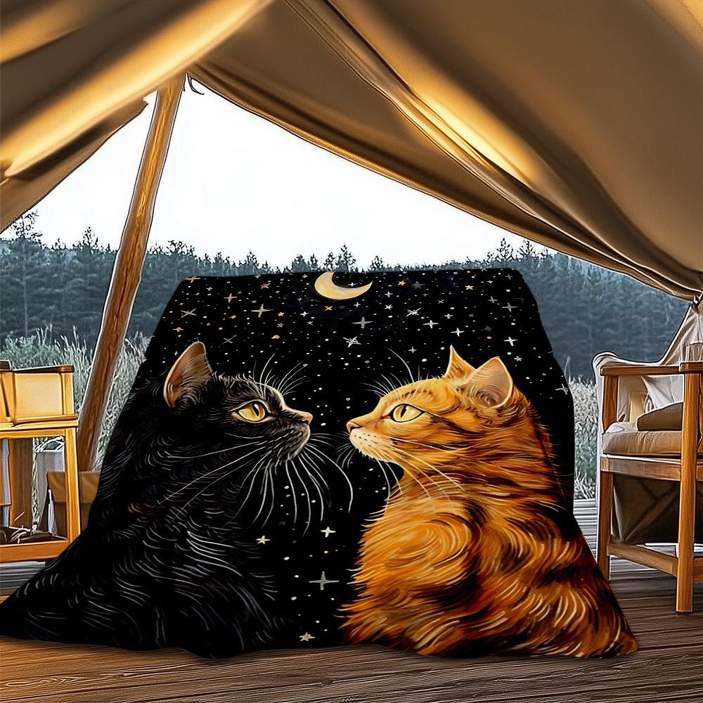 1pc Cat Night Sky Print Outdoor Flannel Blanket , Machine Washable Perfect Gift for Birthday , Holiday Travel Accessory , Durable Material