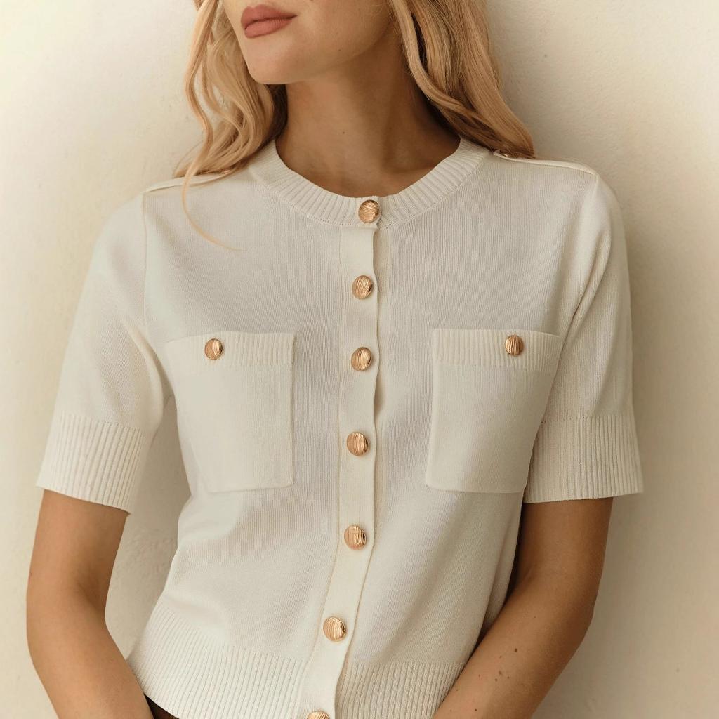 Women's Short Sleeve Cardigan with Gold Buttons and Pockets