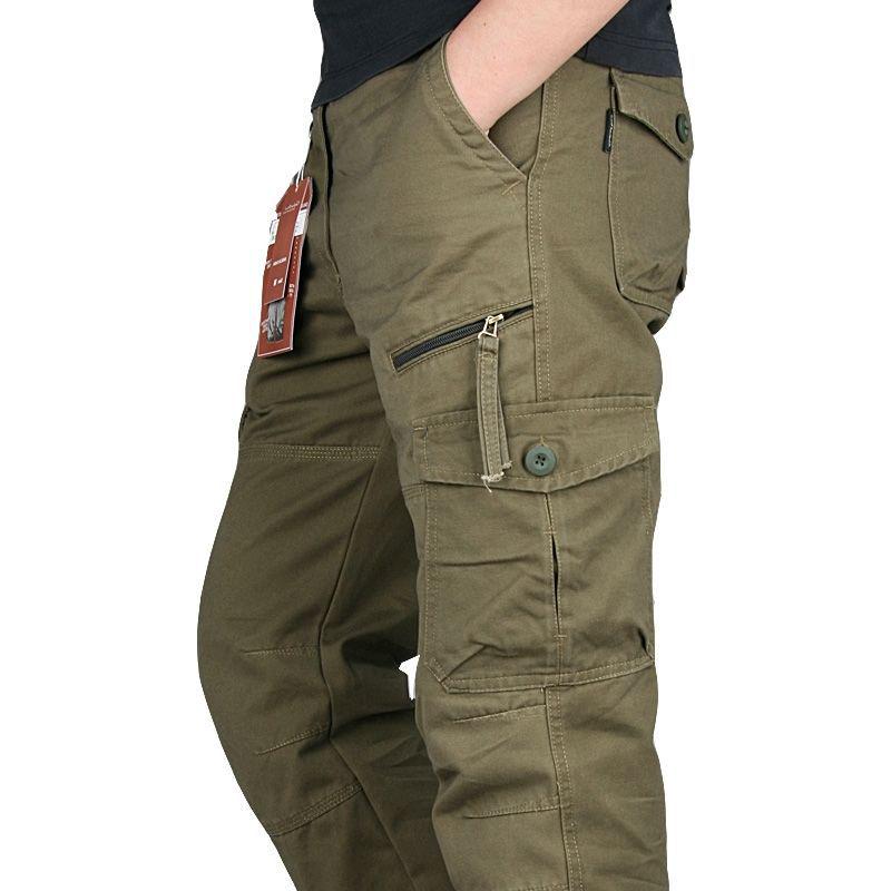 Army Green Men's Pure Cotton Outdoor Work Pants: Windproof, Straight Leg, Multi-Pocket, Loose Fit for Mountaineering and Casual Wear.