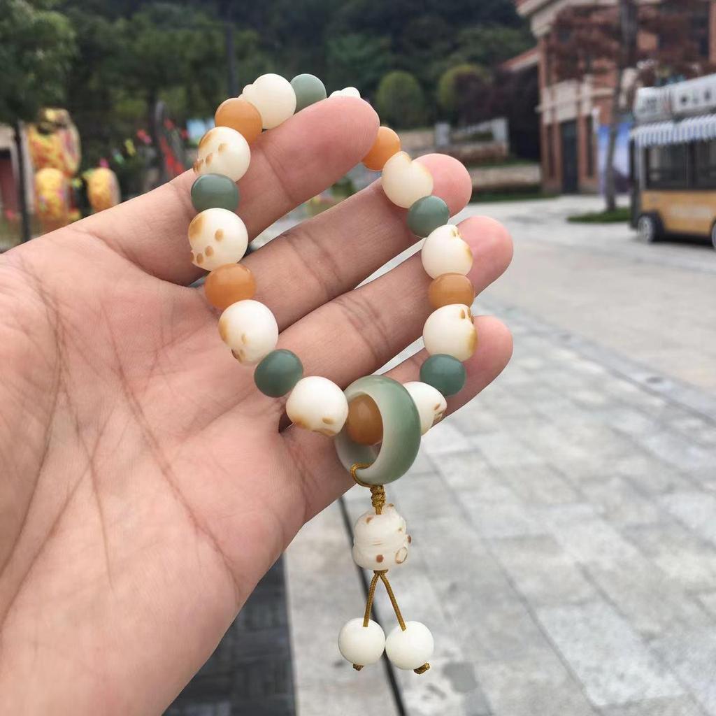 Women's Natural White Jade Charcoal-Grilled Bodhi Root Cat Paw Bracelet with Finger-Wrapped Prayer Beads