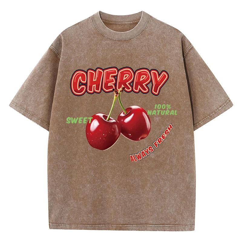 Street Woman Washed T-Shirts Sweet Cherry Aways Fresh Print Short Sleeve Comfortable Cotton Oversize Tops Female Clothes