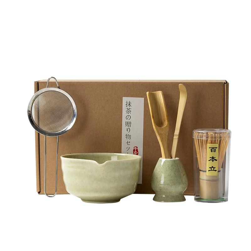 4-6pcs Traditional Bamboo Ceramic Japanese Matcha Tea Set with Spout Reusable Matcha Whisk Set Food Grade Safe Match Bowl