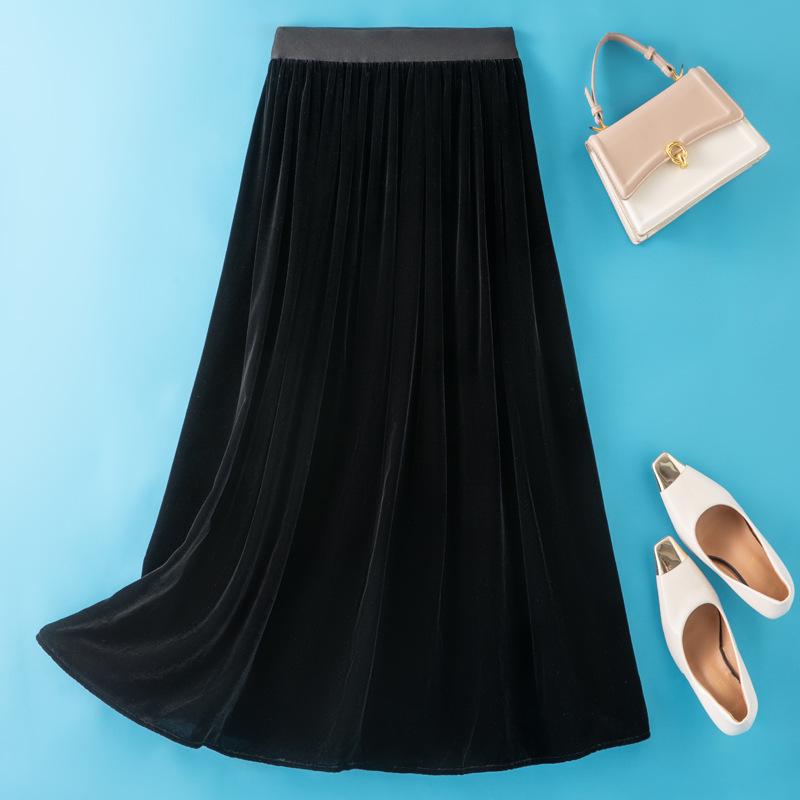 Women s High-Waist A-line Mulberry Silk Velvet Skirt - Autumn Slimming Drape Long Skirt XL