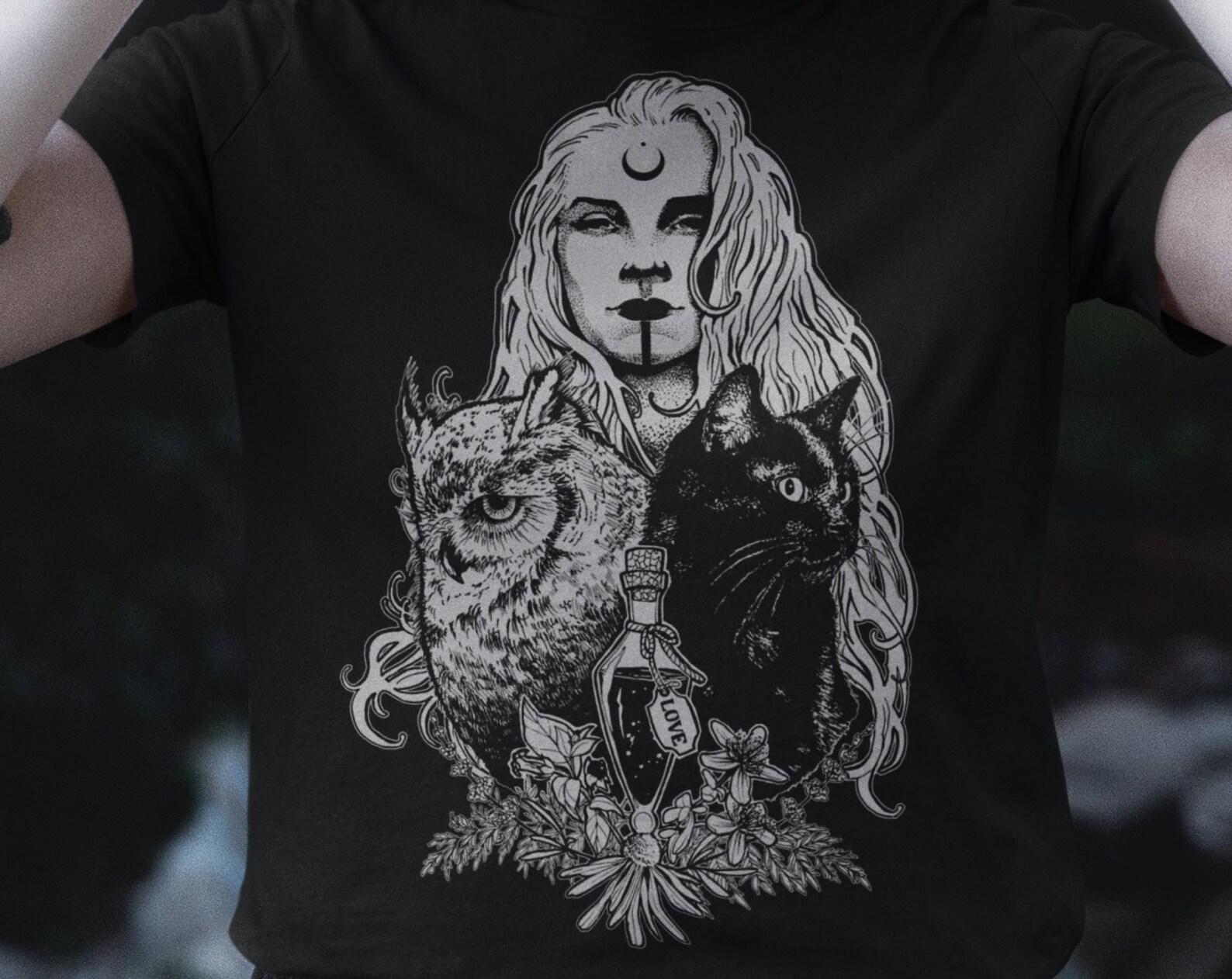 Witch T-Shirt: Owl, Cat & Witchy Design - Black Unisex Tee M