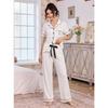Women Casual Lapel Embroidered Short Sleeve Long Pants Pajama Loungewear Set