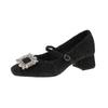 [Fanfna] Small inner height increase French rhinestone square buckle velvet Mary Jane shoes women's thick heel fluffy cotton shoes