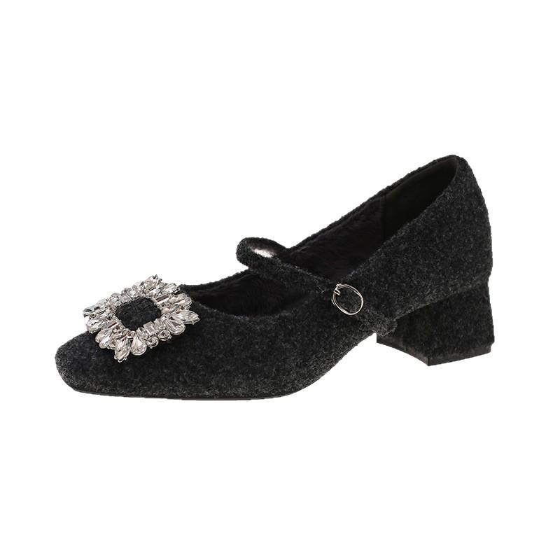[Fanfna] Small inner height increase French rhinestone square buckle velvet Mary Jane shoes women's thick heel fluffy cotton shoes