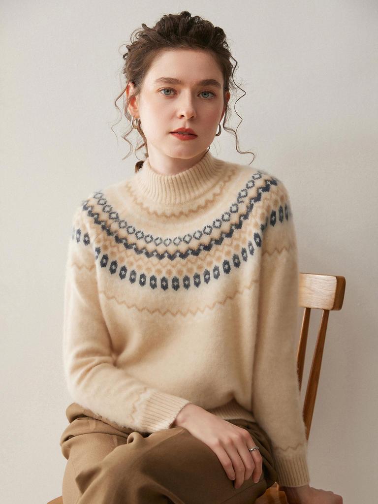 2025 Women's Fair Isle Cashmere Sweater: Autumn/Winter Knit Half-High Collar Loose Fit