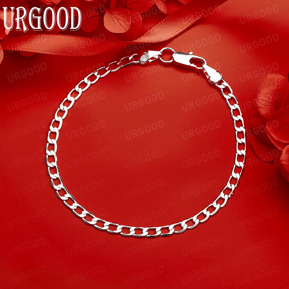 925 Sterling Silver 4mm Side Chain Fashion Bracelet Gift Jewelry 20CM