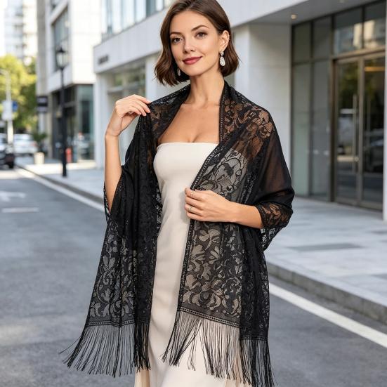 Women Shawl Hollow Embroidery Lace Flower Pattern Summer Shawl with Tassel Hem UV Protection Neck Shoulder