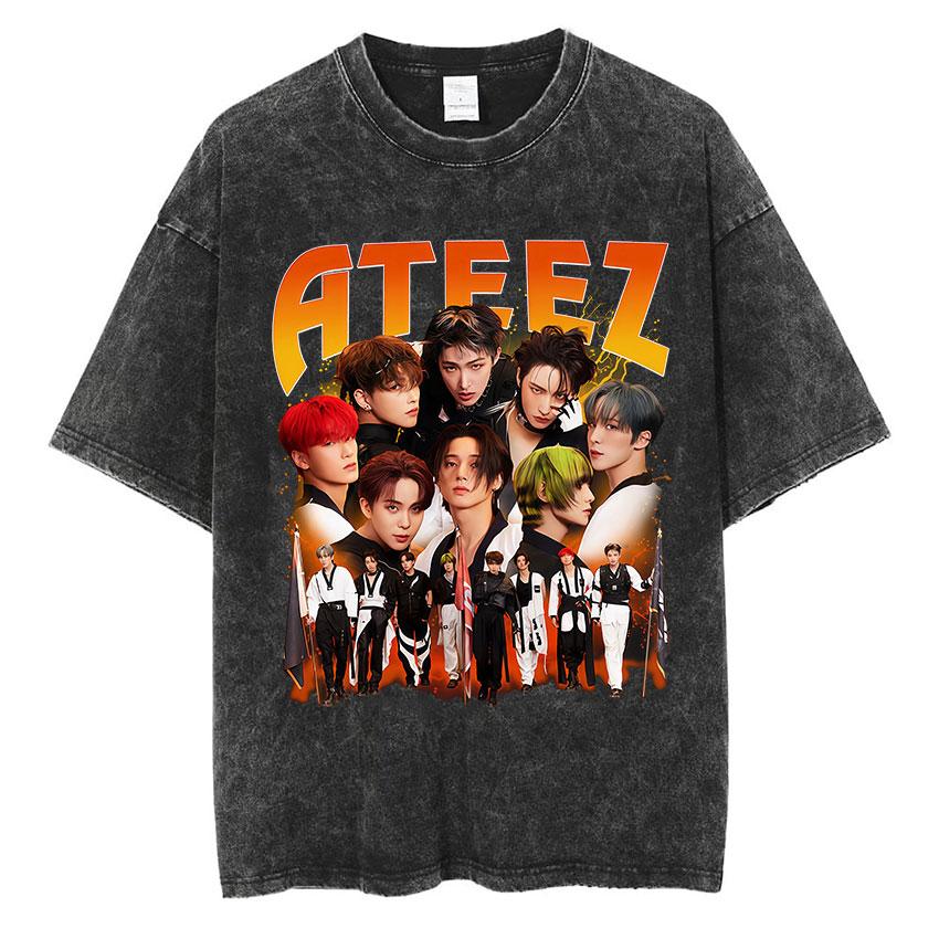 Vintage Washed Ateez Yunho Kpop Band Album 2026 TShirt Mens Women Hip Hop Loose Korean Fashion Short Sleeve T Shirt Streetwear