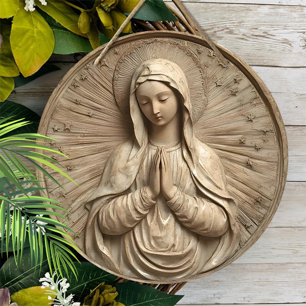Biddende Maagd Maria Rond Houten Hangbord, 2D Platte Geprinte Religieuze Muur Deur Ornament, Katholieke Huisdecoratie Cadeau