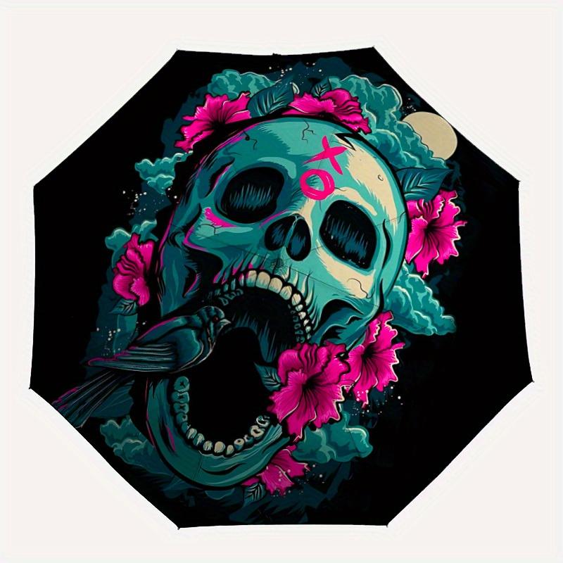 

1pc Skull Flowers Automatic Open/close Folding Compact Umbrella, 8-Rib Sturdy Canopy, Lightweight Portable, Everyday Use, Gift, Outdoor Umbrella, Trav