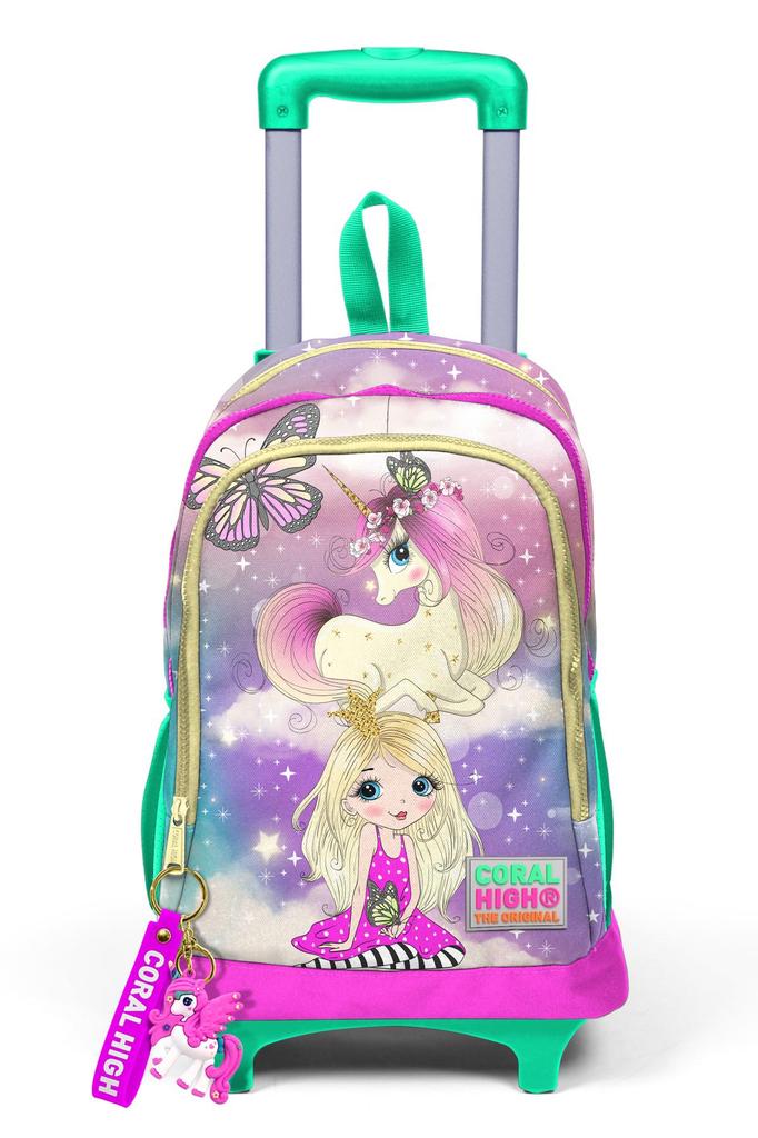 Coral High Kids Pink Aqua Zelená Jednorožec Dívčí vzorovaný tříkomorový školní batoh na vozík 23933