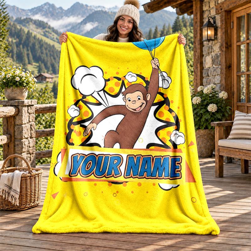 Curioso George Custom Name Flannel Blanket Personalized Soft Warm Plush Throw Blanket Customized Gift for Family Friends